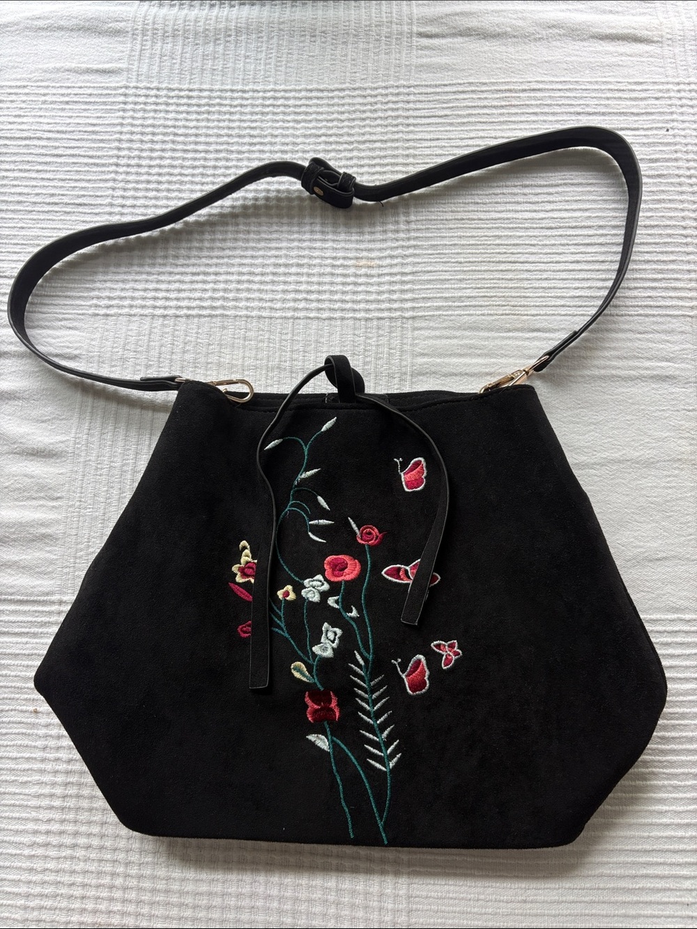 Black Embroidered Suede Look Shoulder Bag - Floral Accent